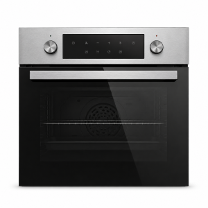 Forno moderno da incasso in acciaio e vetro nero isolato su sfondo bianco